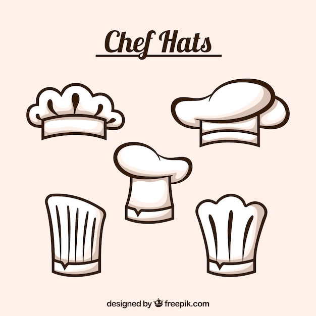 Vector selección de cinco gorros de cocinero planos