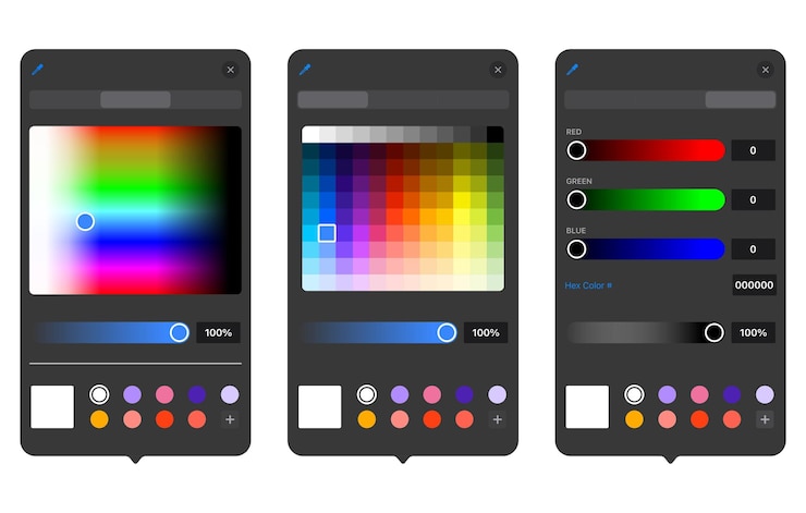 Vector selección de color en el software gráfico arco iris gradiente rgb paletas de interfaz de usuario de la aplicación móvil