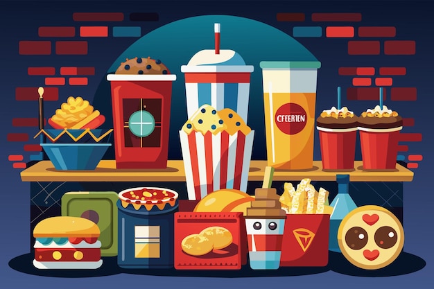 Vector una selección curada de bocadillos y postres gourmet disponibles en el puesto de concesión en un cine de lujo