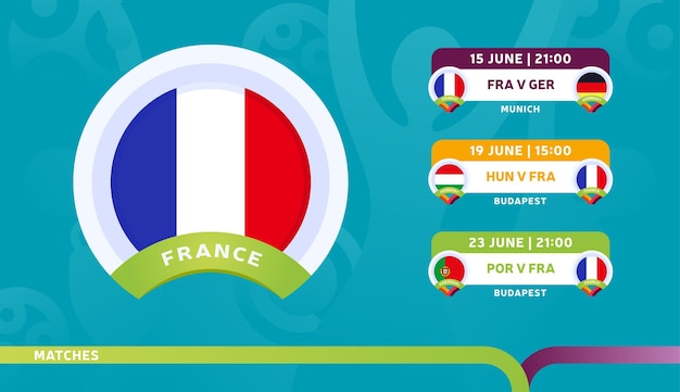 Selección de francia calendario de partidos en la fase final del campeonato de fútbol 2020. ilustración de partidos de fútbol 2020.