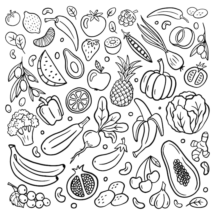 Vector selección de frutas y verduras dibujadas a mano.