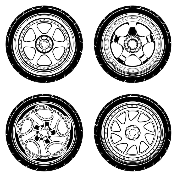 Vector selección de llantas de coche monocromáticas.