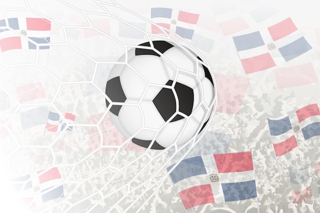 Vector la selección nacional de fútbol de la república dominicana anotó un gol. el balón en la red de la portería mientras los aficionados al fútbol agitan la bandera de la república dominicana en el fondo.