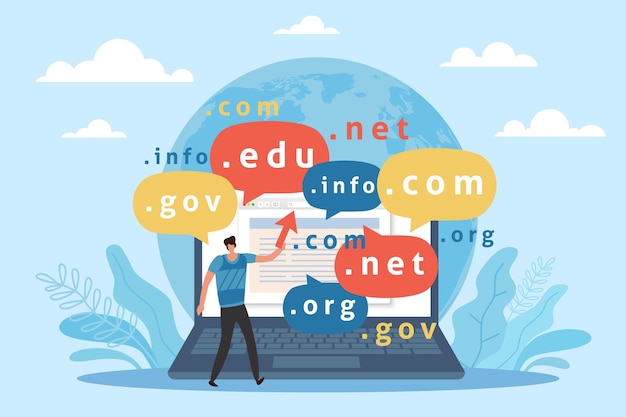 Selección de nombre de dominio registro de dirección web portátil enorme y hombre pequeño registro de servidor en el alojamiento de sitio web página url ciberocupación de internet concepto plano de dibujos animados vectorial