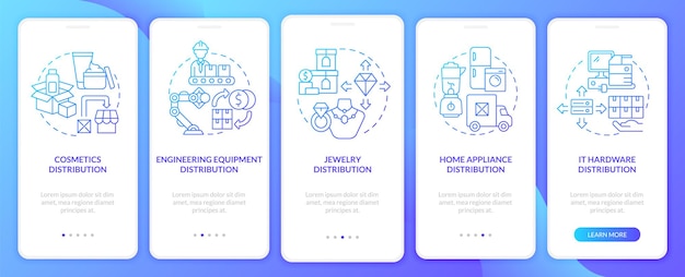 Selección de productos para sugerencias de distribución en la pantalla de la página de la aplicación móvil. Instrucciones gráficas de 5 pasos de recorrido al por mayor con conceptos. UI, UX, plantilla vectorial GUI con ilustraciones en color lineal