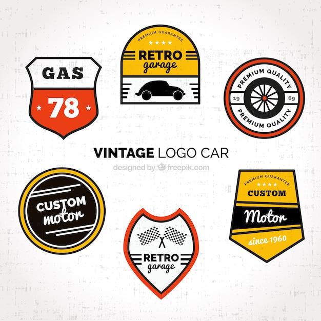 Selección de seis logos de coches de colores en estilo retro