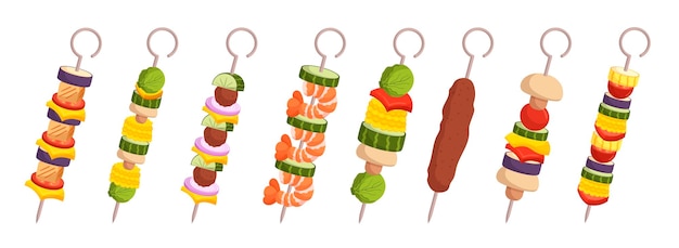 Selección variada de kebabs con jugoso pollo a la parrilla, tierna carne de res, suculento cordero y sabrosas brochetas de vegetales