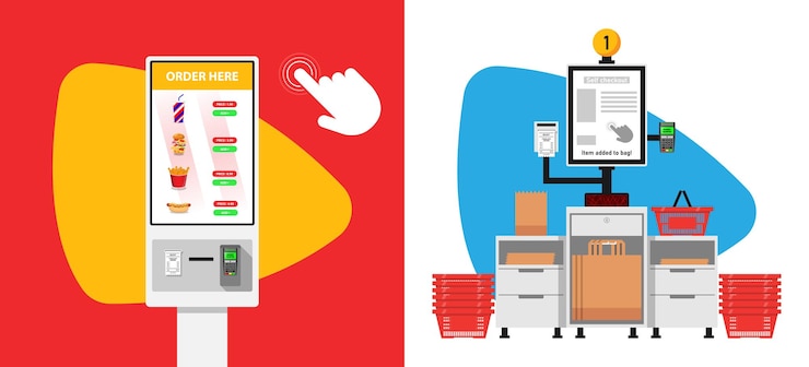 Vector self scan checkout restaurante de comida rápida que se encarga a sí mismo en el quiosco