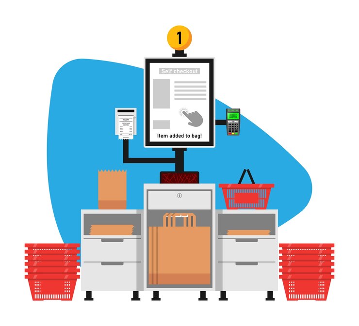 Vector self scan checkout selfservice checkout papel bolsa de compras caja automática con dinero en efectivo y tarjeta