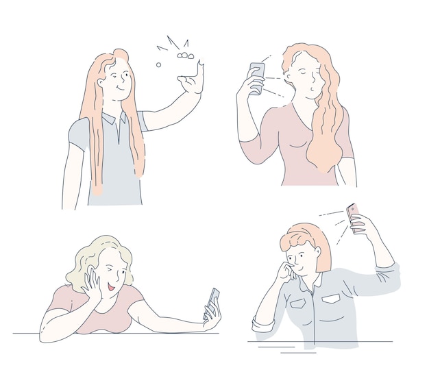 Selfie chicas tomando fotos en la cámara frontal del teléfono inteligente