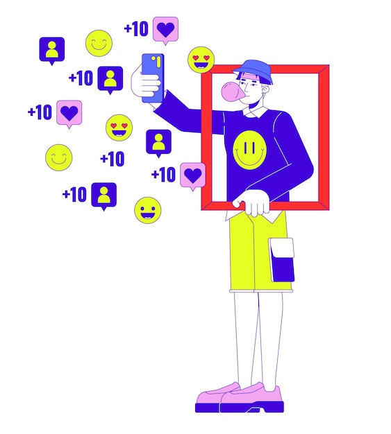 Selfie de un influyente masculino publicando en las redes sociales Concepto de ilustración lineal 2D