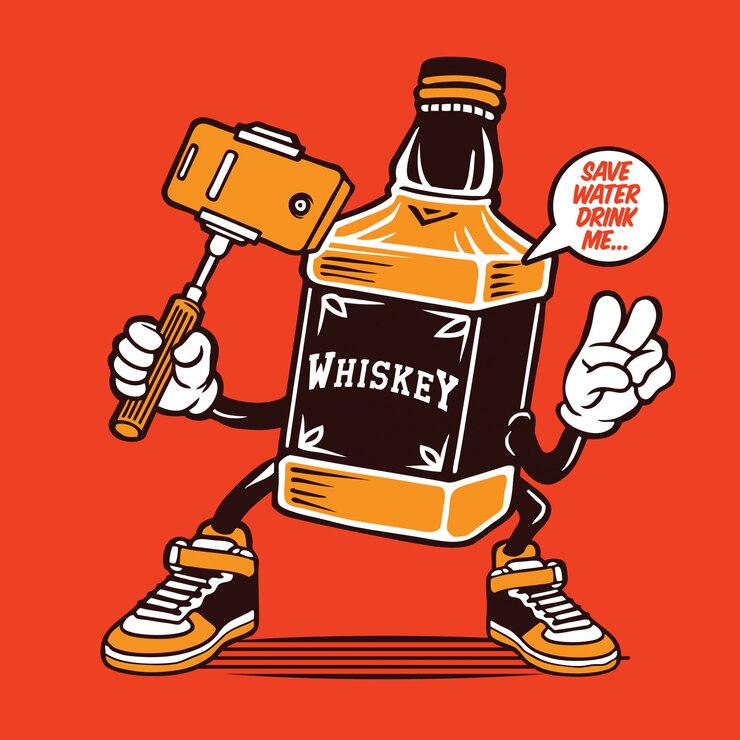 Vector selfie whisky bottle diseño de personajes