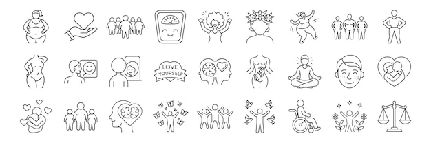 SelfLove Body Positividad conjunto de iconos de líneas Pictograma vectorial auto-aceptación ilustración de bienestar mental