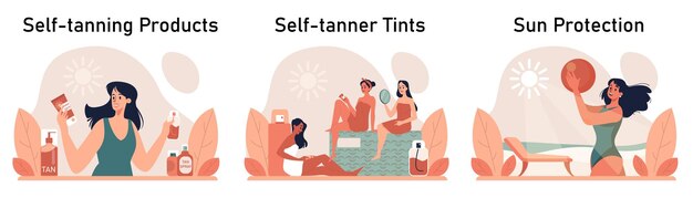 Selftan conjunto mujer hermosa aplicando selftanner loción bronceante crema de bronceado artificial quemaduras solares