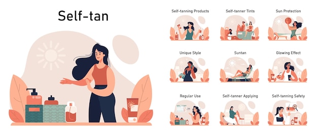 Selftan conjunto mujer hermosa aplicando selftanner loción bronceante crema de bronceado artificial quemaduras solares