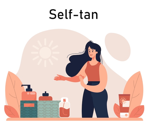 Selftan mujer hermosa aplicando selftanner loción bronceante crema de bronceado artificial protección contra las quemaduras solares