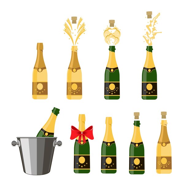 Sellado y varias botellas de champaña siendo abiertas Champaña en un cubo con hielo