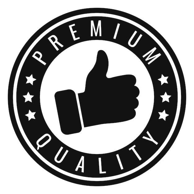 Sello adhesivo de sello redondo aislado de calidad Dark Grey Premium con icono de estrellas y pulgar hacia arriba