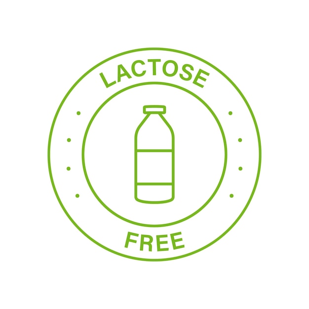 Sello de círculo verde sin lactosa Icono de línea de alimentos lácteos 100 por ciento libre Etiqueta de ingrediente alérgeno Eco