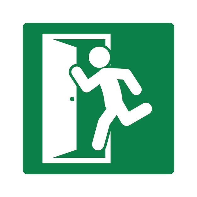 Sello de etiqueta aislado de salida de emergencia con pictograma de hombre corriendo en etiqueta rectangular verde
