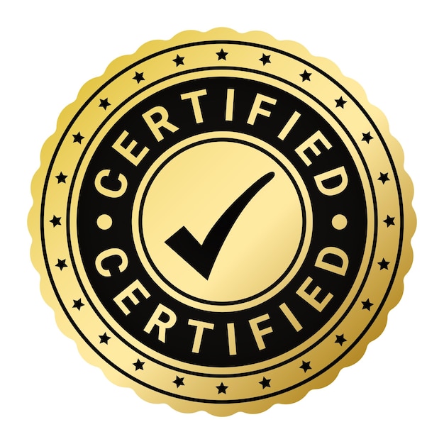 Sello de goma dorado certificado con ilustración vectorial del icono de estrellas y garrapatas
