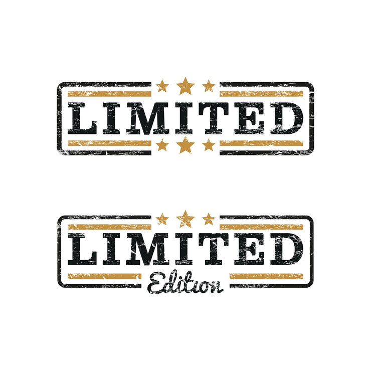 Sello de goma de edición limitada con efecto grunge y bordes ásperos en dorado y negro