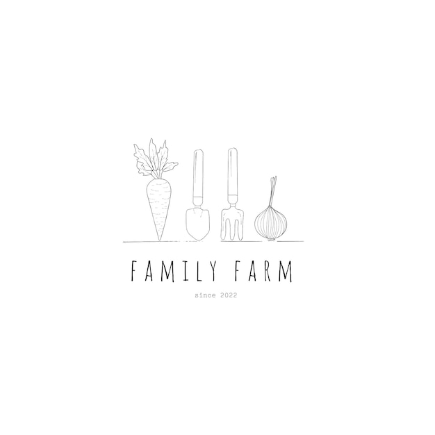 Sello de logotipo de dibujo a mano monocromo y elementos para la agricultura y la jardinería.