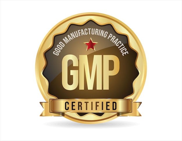 Sello de oro certificado por buenas prácticas de fabricación GMP sobre fondo blanco