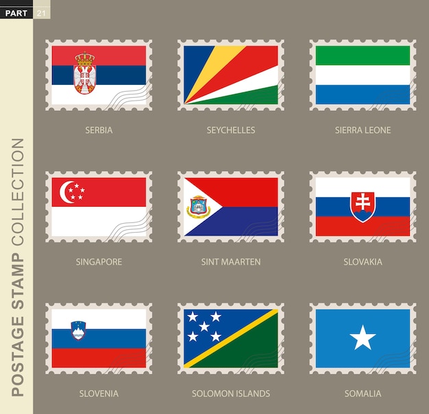 Sello postal con bandera, colección de 9 banderas: serbia, seychelles, sierra leona, singapur, sint maarten, eslovaquia, eslovenia, islas salomón, somalia