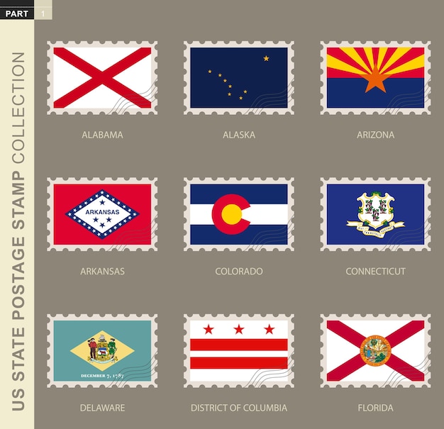 Sello postal con la bandera de los estados de ee. uu., colección de la bandera de 9 estados de ee. uu.: alabama, alaska, arizona, arkansas, colorado, connecticut, delaware, distrito de columbia, florida