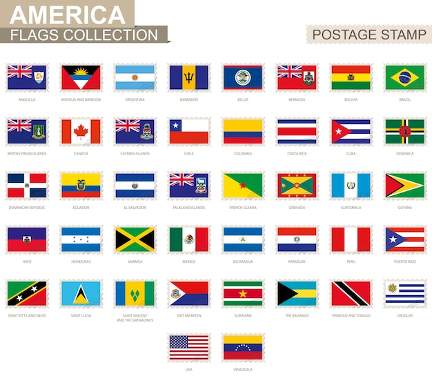 Vector sello postal con banderas de américa. conjunto de 42 bandera americana. ilustración de vector.