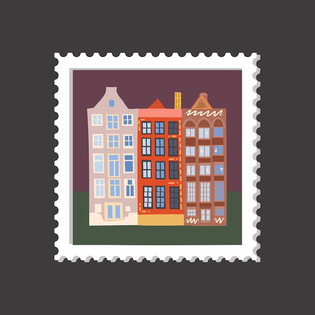 Sello postal de la casa acogedora y linda de Amsterdam en un fondo oscuro.