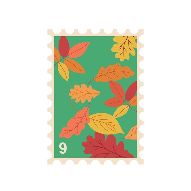 Sello postal con hojas planas de otoño coloridas diseño de dibujos animados para sobres de correo ilustración vectorial