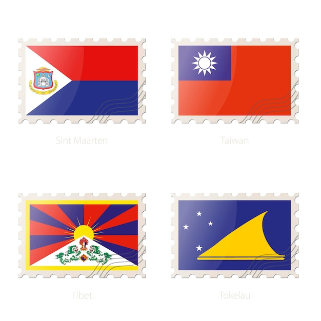 Sello postal con la imagen de la bandera de sint maarten taiwán tibet tokelau