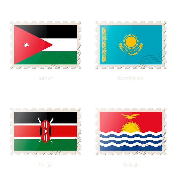 Sello postal con la imagen de jordania kazajstán kenia kiribati bandera