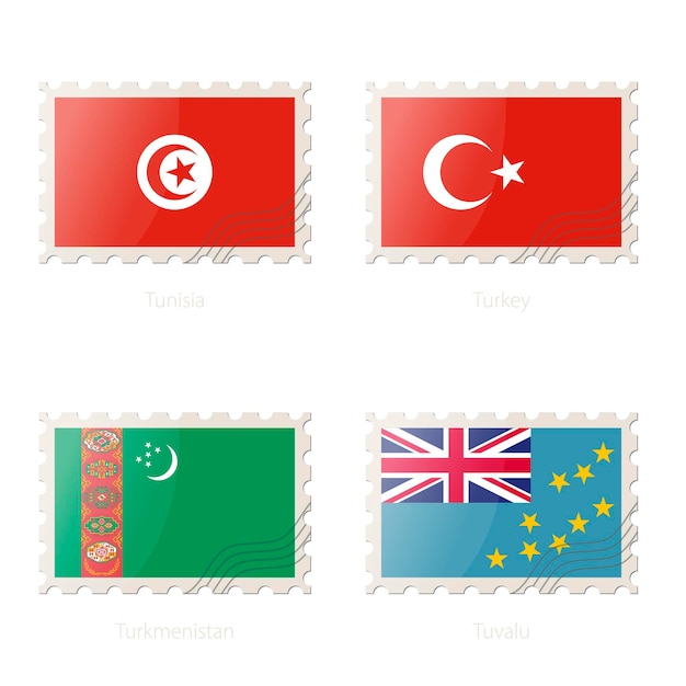 Sello postal con la imagen de túnez turquía turkmenistán tuvalu bandera