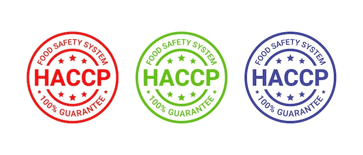Vector sello redondo haccp. emblema de análisis de peligros y puntos críticos de control. impresión del sello del sistema de seguridad alimentaria. insignia de goma de garantía.