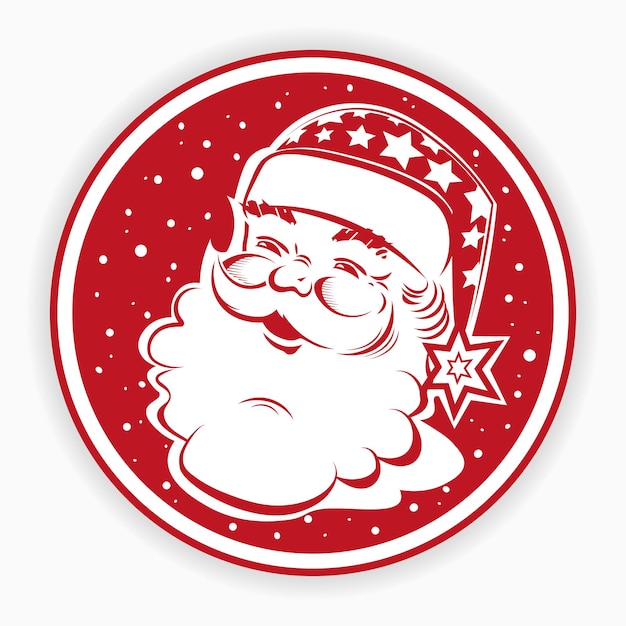 Sello de signo redondo rojo de Navidad con silueta de estrellas de cara de Santa Claus y copos de nieve