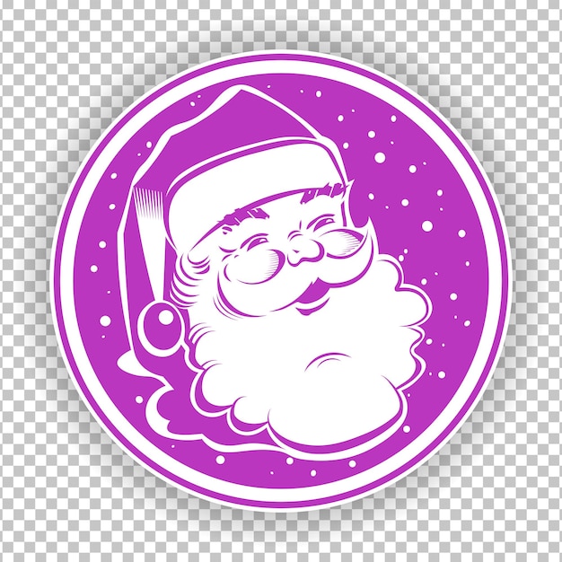 Sello de signo redondo violeta de Navidad con silueta de cara de Santa Claus y copos de nieve