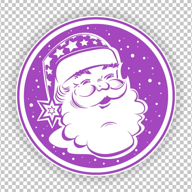 Sello de signo redondo violeta de Navidad con silueta de estrellas de cara de Santa Claus y copos de nieve