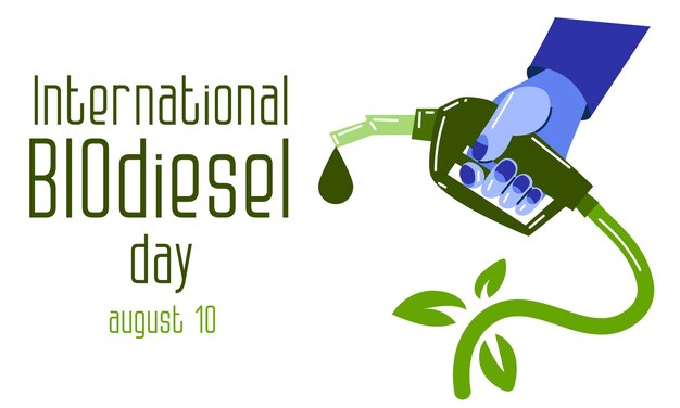 Sello de suministro de combustible verde dispensador de combustible pistola en la mano cartel del Día Internacional del Biodiesel los biocombustibles