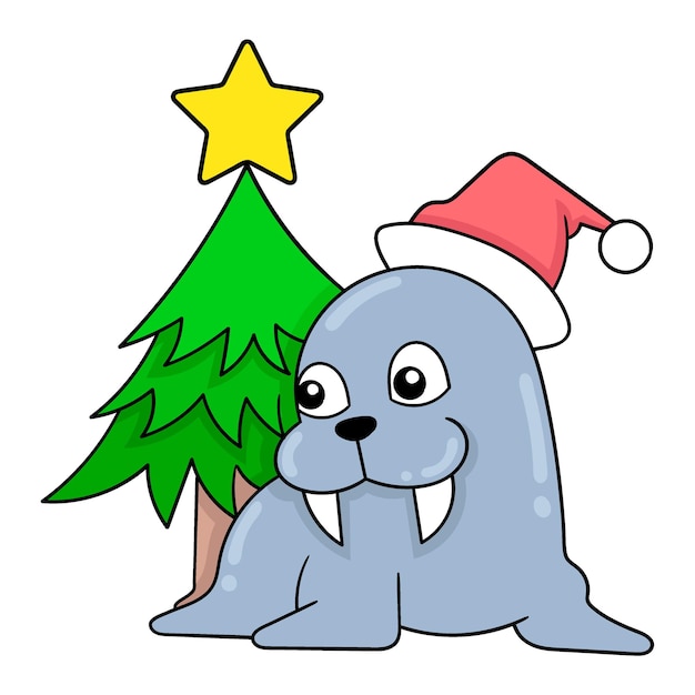 Sellos celebrando la navidad con adornos doodle icono imagen kawaii