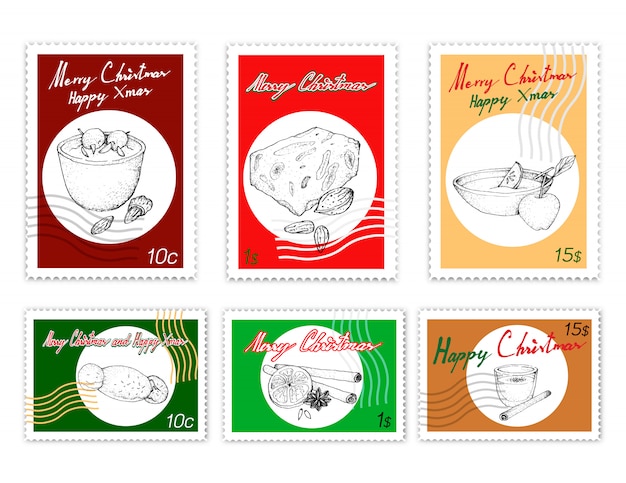 Vector sellos de correos conjunto de deliciosos postres de navidad