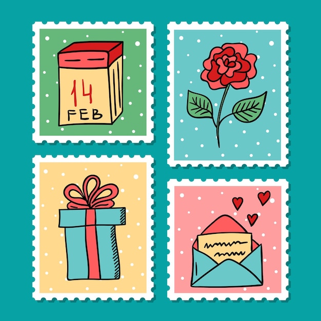 Sellos de garabatos vectoriales para el Día de San Valentín Sellos postales dibujados a mano aislados con calendario de caja de regalo de corazones