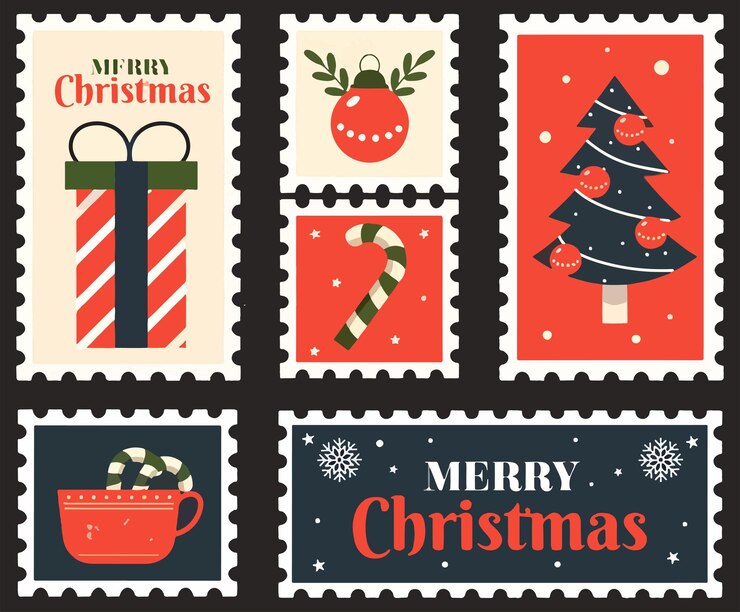 Los sellos de invierno vintage, los sellos postales de goma, los símbolos vectoriales de Navidad, las fiestas florales, los gastos de envío.
