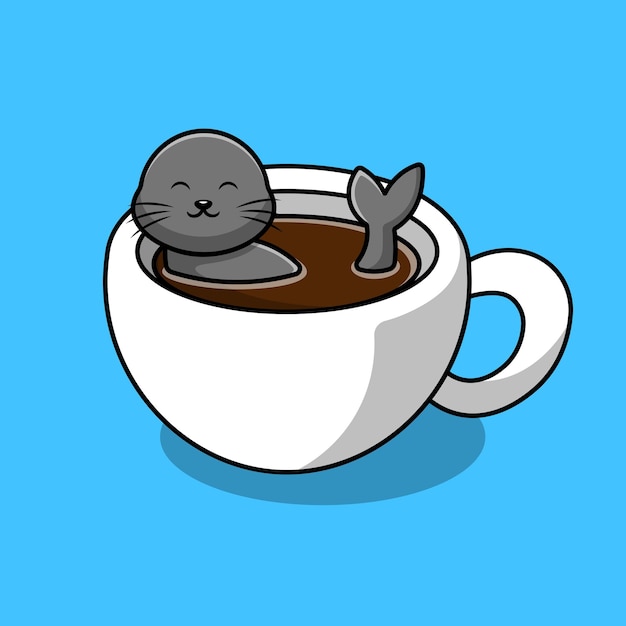 Sellos lindos en la ilustración del icono del vector de dibujos animados de la taza de café