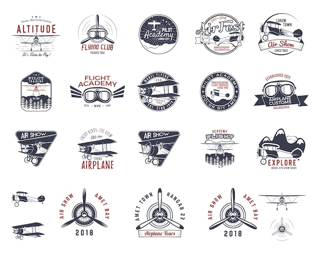 Sellos de mosca antiguos dibujados a mano vintage. Emblemas de viajes en avión o viajes de negocios. Etiquetas de la academia biplano. Insignias aéreas retro aisladas. Logotipo de la escuela piloto. Diseño de camiseta de avión, estampados, diseño web. Stock vector