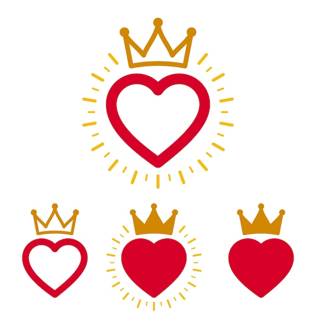 Vector sellos o pegatinas en forma de corazón vectorial aislados sobre blanco, insignias o iconos clásicos, diseño de logotipos en estilo retro antiguo, plantilla de iconos simples con espacio en blanco.