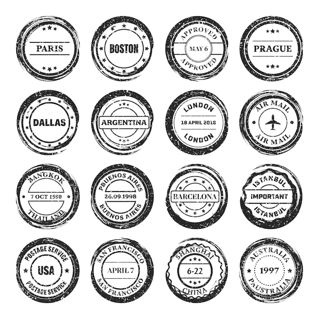 Vector sellos postales etiquetas y insignias huellas grunge y sellos postales marcas de agua de postales de círculo vintage utilizadas.