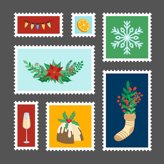 Sellos postales navideños Marcas con elementos navideños Vector plano de dibujos animados